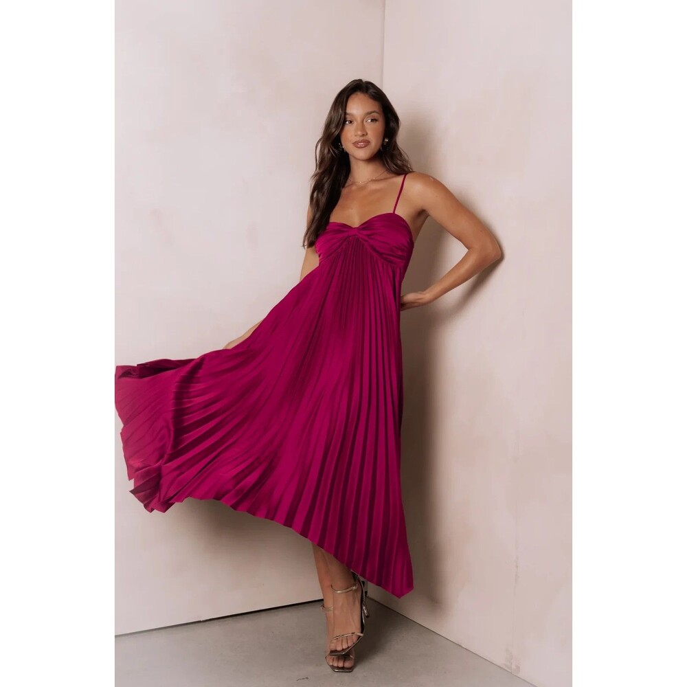 NWT Petal & Pup Vikki Dress Women 6 Magenta Pleated Maxi Handkerchief Hem Formal